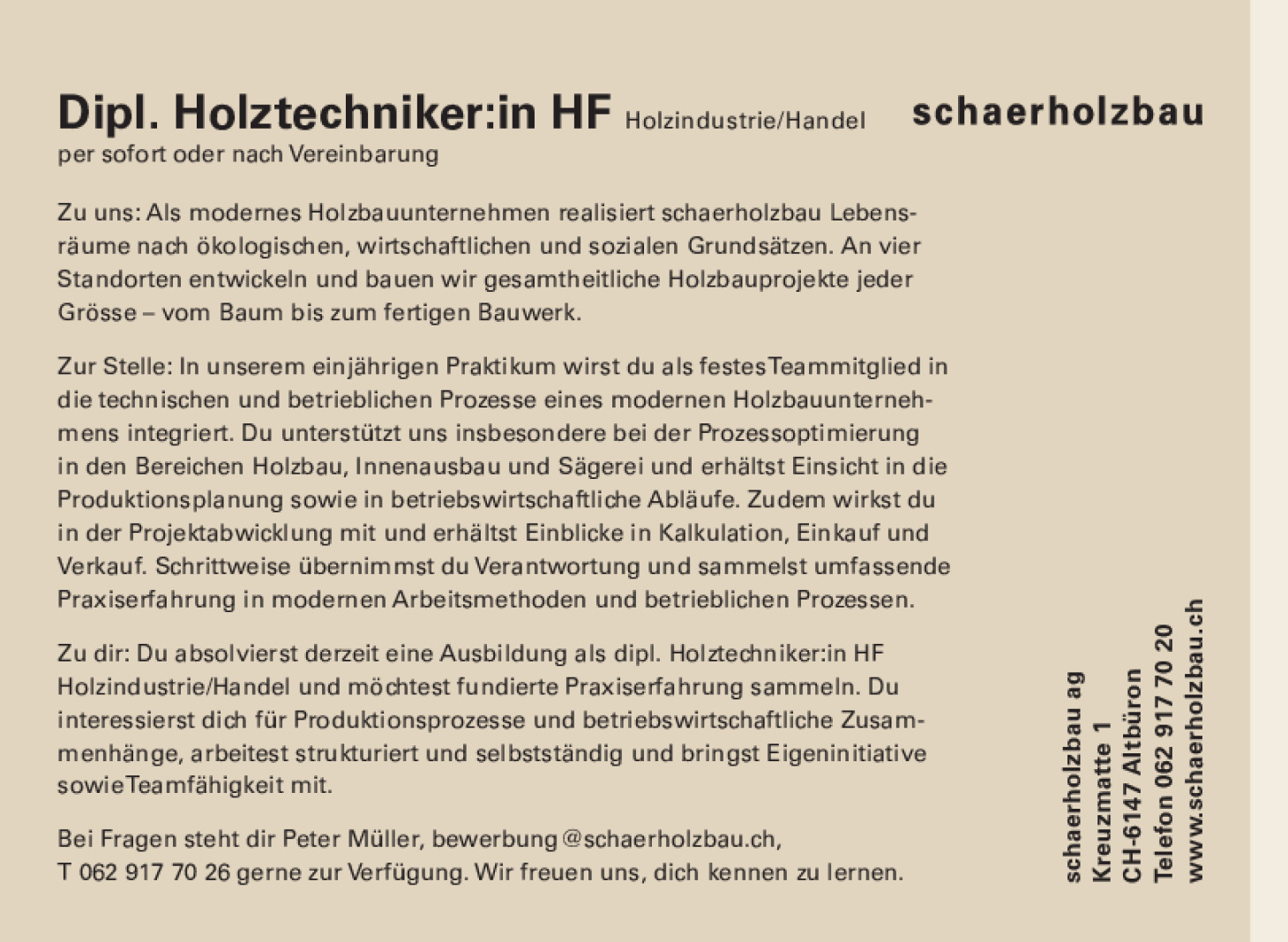 Praktikum Holztechniker:in FH Holzindustrie/Handel