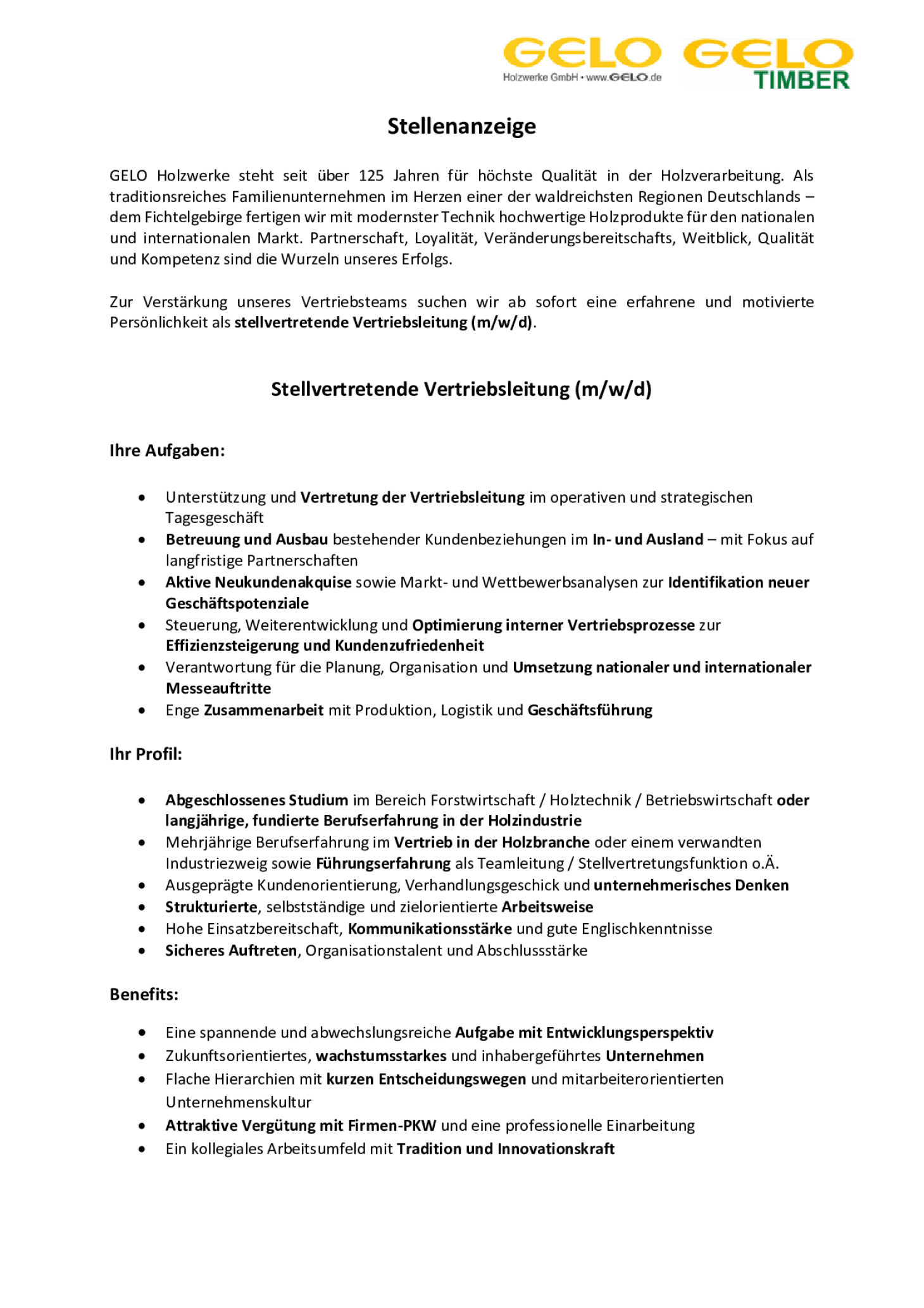 Stellvertretende Vertriebsleitung