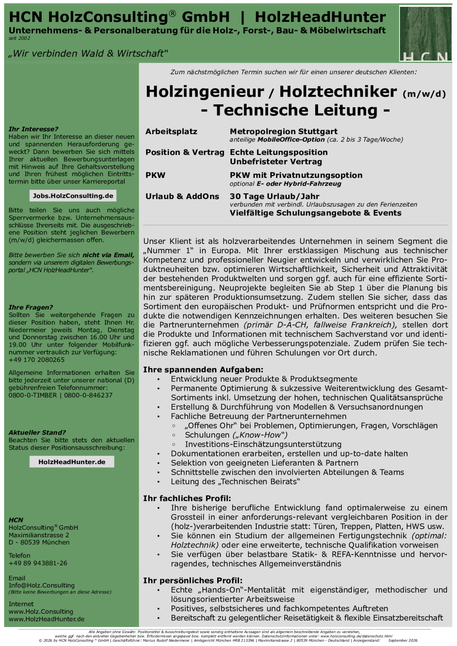 Holzingenieur / Holztechniker (m/w/d) | Technische Leitung