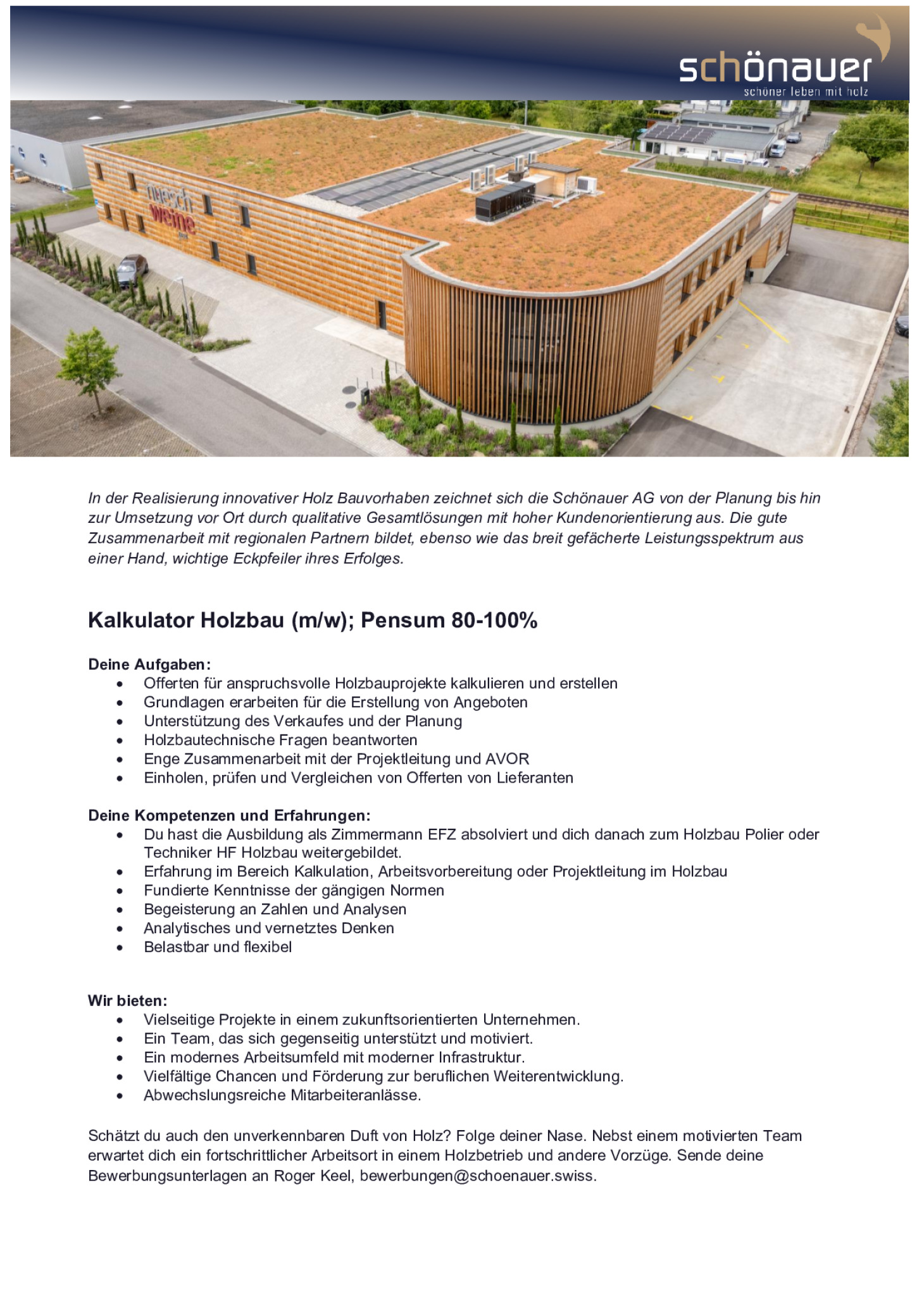 Kalkulator Holzbau (m/w); Pensum 80-100%