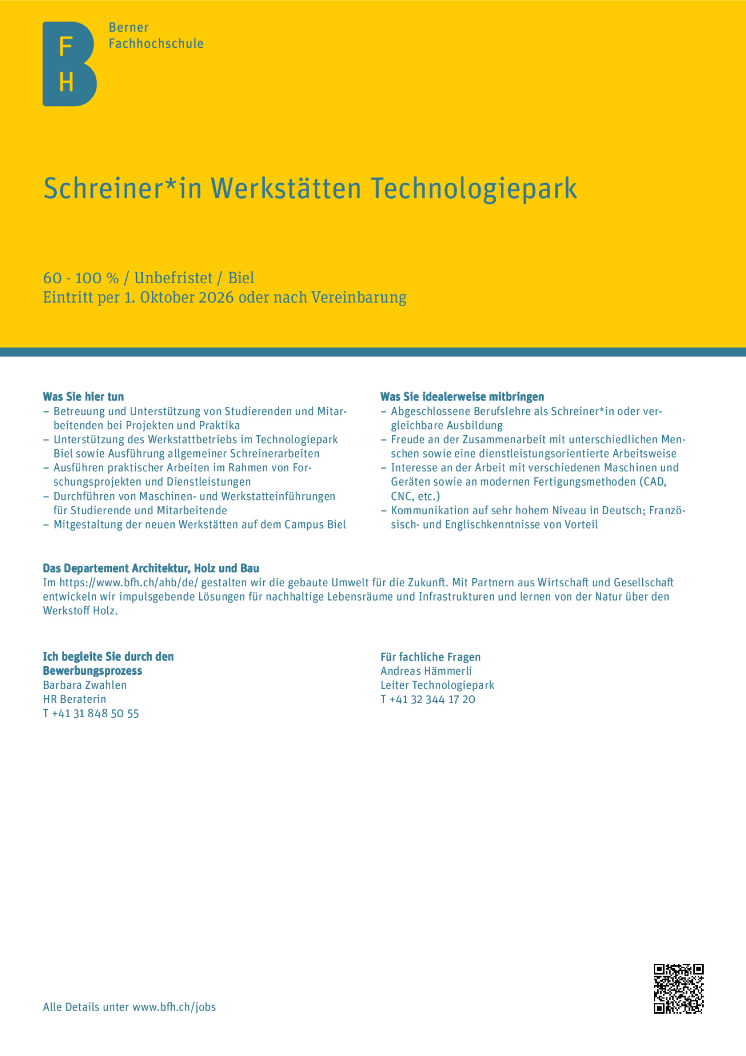 Schreiner*in Werkstätten Technologiepark